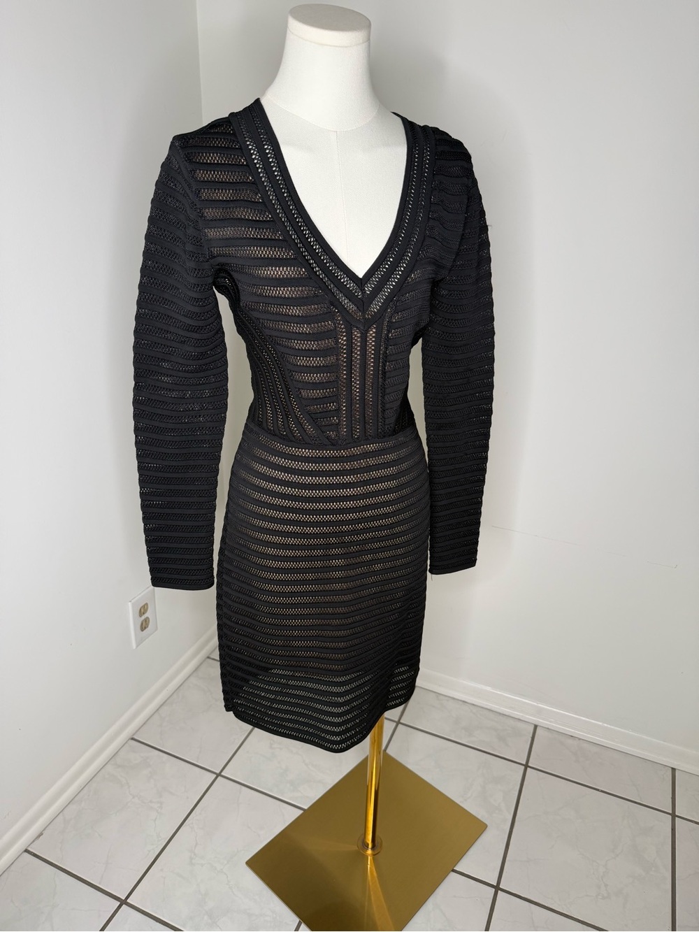 bebe Black V-Neck Long Sleeve Midi Sheer Knit Dress